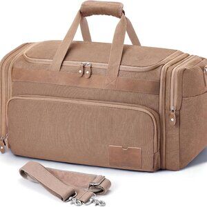 Vintage Khaki Canvas Travel Duffle Bag, 60L Expandable, Durable, Multi-pocket We